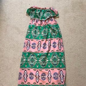 Long pink & green strapless maxi dress